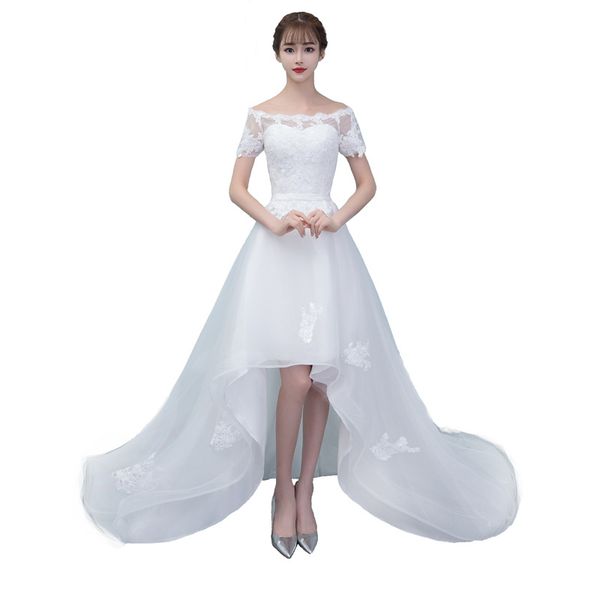 

boat neck тюль высокие низкие свадебные платья 2020 короткие рукава кружева аппликации бич свадебные платья vestidos novia, White