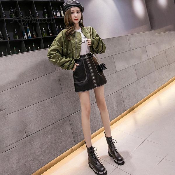 

women pencil skirt pu leather high waist zipper side pockets a-line mini cool streetwear elegant ladies skirts faldas mujer moda, Black