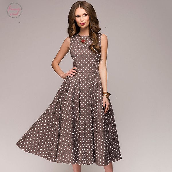 

elegant vintage dot printing a line dress women 2019 summer sleeveless o neck mid calf casual dress female vestidos, Black;gray