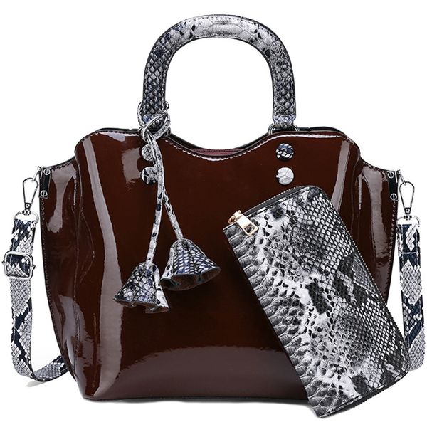 

2 piece women's lacquer tote bag ladies pu handbag summer little lady handbag brown