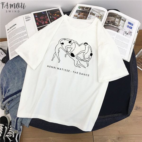 

summer large size loose casual fashion matisse art print cartoon letter short sleeve o neck female vintage loose t shirt, White