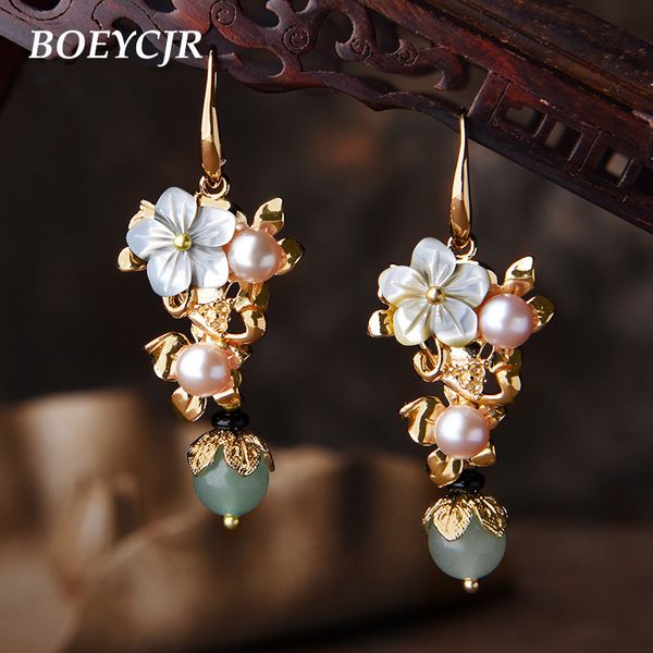 

boeycjr ethnic vintage freshwater pearl stone bead dangle earrings fashion jewelry drop shell flower earrings for women, Silver