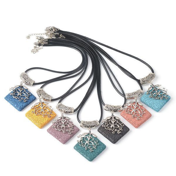 

wholesale rhombus lava stone multilayer necklace essential oil diffuser volcanic rock pendant necklace women jewelry ing, Silver
