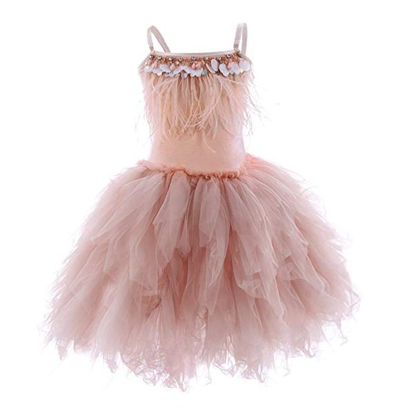 

little girl dress spaghetti strap swan girl princess dress feather fringes tutu dress pageant wedding birthday short tiered gown, Red;yellow