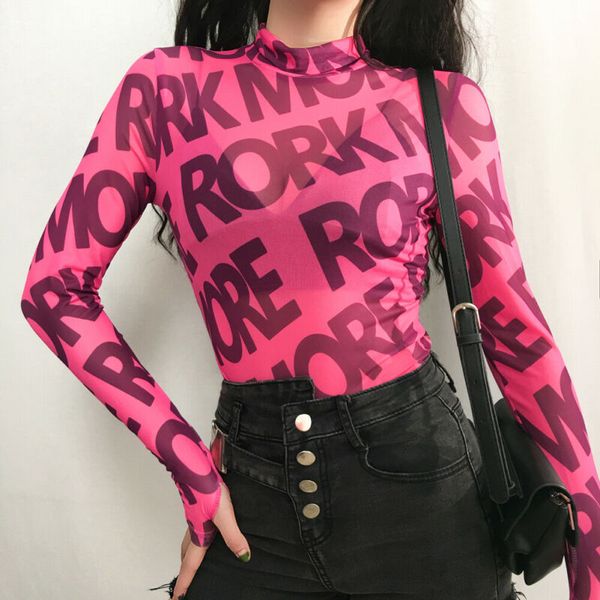 

2019 fashion letter printed high collar t-shirt dew mesh long sleeve t-shirt short slim t-shirt short top, White