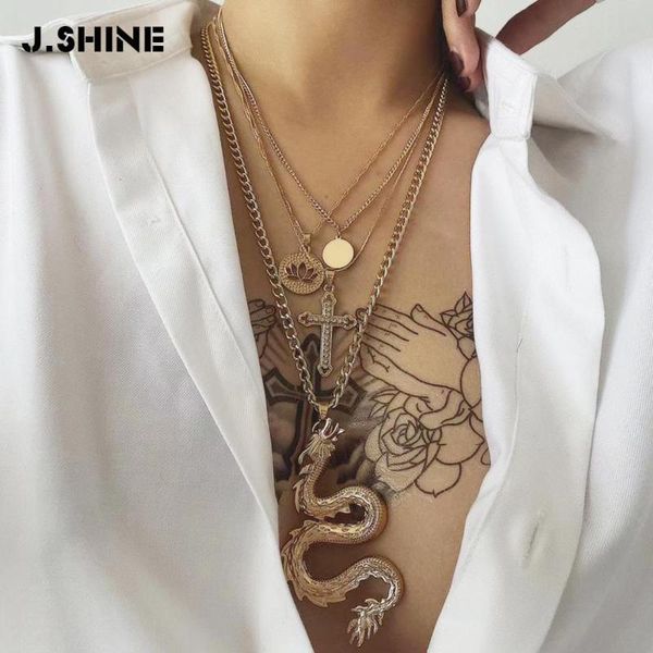 

jshine punk religious zodiac dragon pendant multi layer necklace female hollow lotus cross pendants sweater chain necklace, Silver