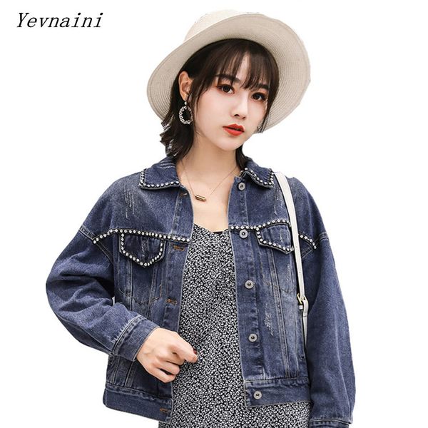 

vintage rivet cropped denim jacket korean jeans jacket women fashion jackets 2019 new autumn chaqueta mujer loose veste femme, Black;red