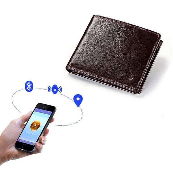 

Multifunction Purse Leather Men Wallet Anti Lost Solid Card Holder Fashion Brown Bluetooth Short Small Large Capacity