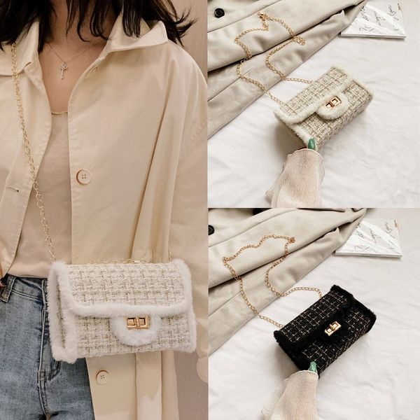 

crossbody bag women new fashion wool chain elegant shoulder bag messenger hasp shoulder small square bags 2019