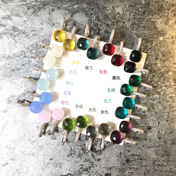 

diamond earrings beautiful color stone copper micro-inlaid candy color square stone crystal earrings spot fashion jewelry earrings, Silver