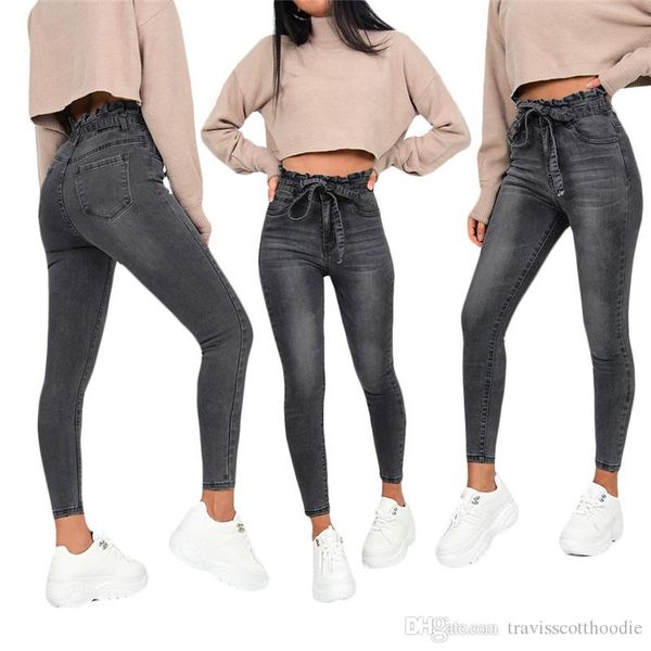 

autumn new women designer jeans fashion ruffled high waisted black long jeans with sashes casual womens designer pants