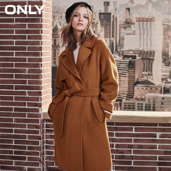

only womens' winter new wool long coat with woolen coat side pocke tie-up belt|11834s529, Black