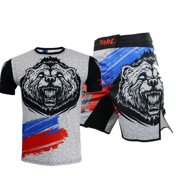 

grey bear kickboxing shorts t-shirt bjj gi trunks rashguard boxe shirts muay thai crossfit sets fight boxing jerseys, Blue
