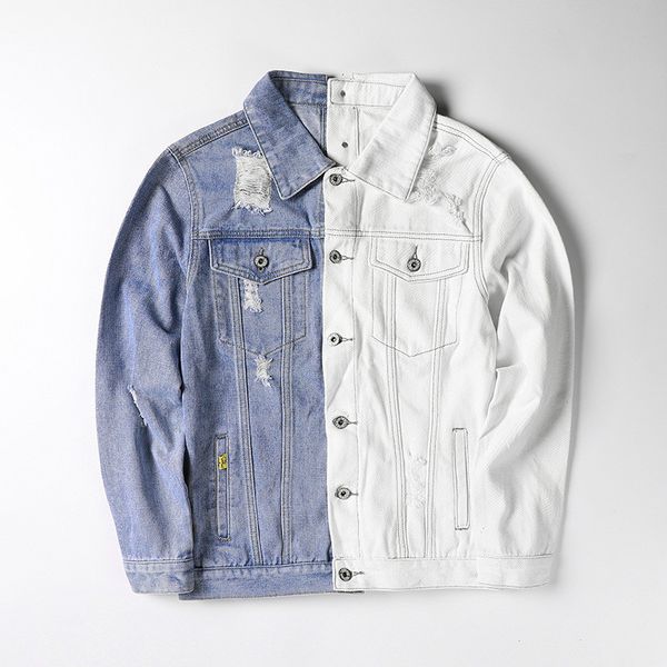 

moruancle men's hi street ripped hip hop jean jackets streetwear distressed denim trucker jacket outerwear blue white patchwork, Black;brown