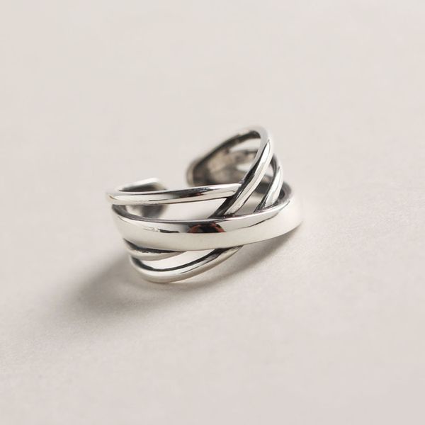 

authentic s925 sterling silver fine jewelry multi-layers line crossed twisted band wider long rings adjust tlj555, Golden;silver