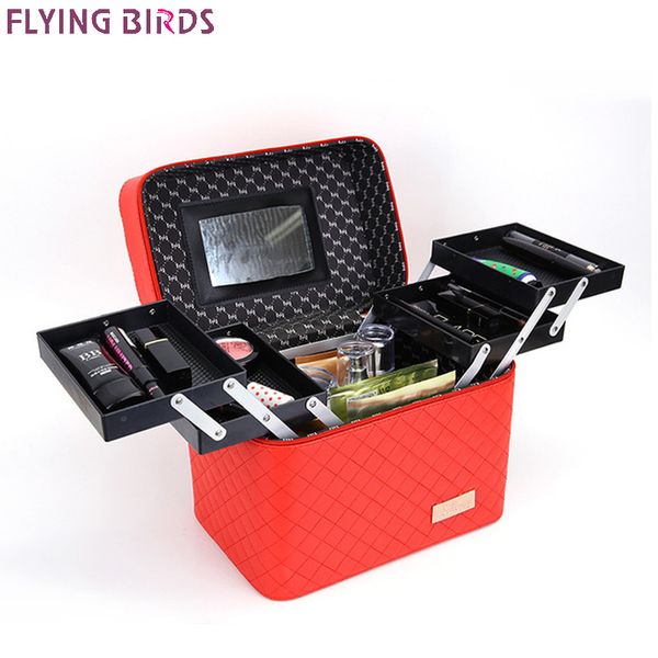 

flying birds women makeup bag pu leather cosmetic bag case makeup organizer storage box beautician toiletry flower travel bags y19052501, Blue;pink