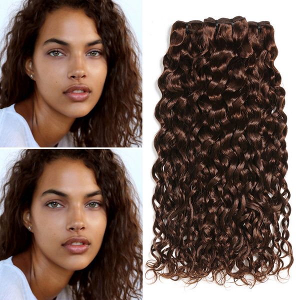 4 Dark Brown Water Wave Peruvian Human Hair Extensions Wet And