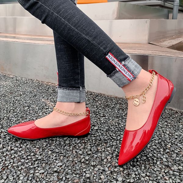 

women's shoes metal chain ladies ankle flat loafers slip on patent leather roman casual shoes woman shoes flat plus size 34-48, Black