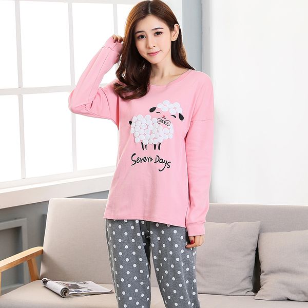 

soft knitted cotton pyjamas women 2 piece sleepwear suit cute pink cartoon long seleeve nightwear pajamas for women home wear, Blue;gray