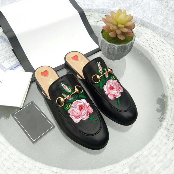 

factory wholesale prinetown leather slippers embroidered rose bales sandals flat-soled embroidered semi-slippers tide outdoor, Black