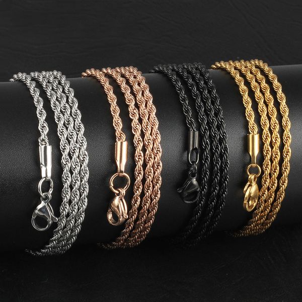 

wholesale 2.4mm 18-32 inches silver/gold/rose gold/black twist chains necklace stainless steel women's rope chain necklace fashion jewe