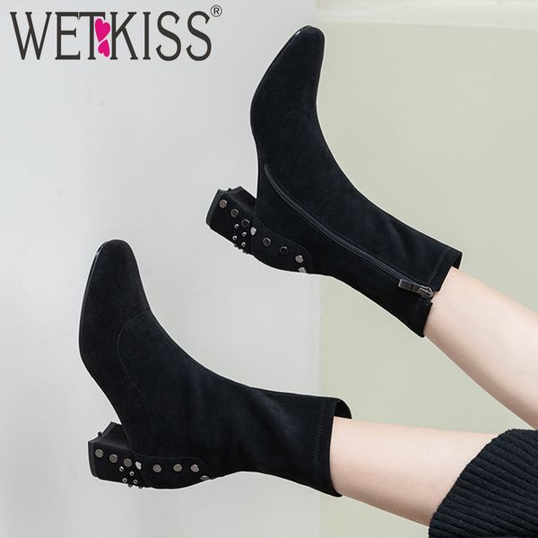 

wetkiss high heels boots women stretch flock ankle boot rivet shoes female square toe studded shoes ladies winter 2020 new, Black