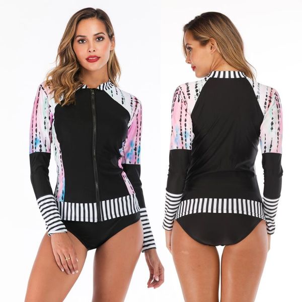 

two piece swimsuit women diving surf swimwear long sleeve rash guard upf50+ front zipper uv striped print patchwork rashguard