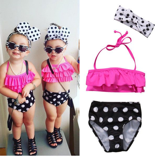 

summer kids baby girls swimsuit tutu polka dot bikini suit sets clothes shorts headband costume swimwear beachwear