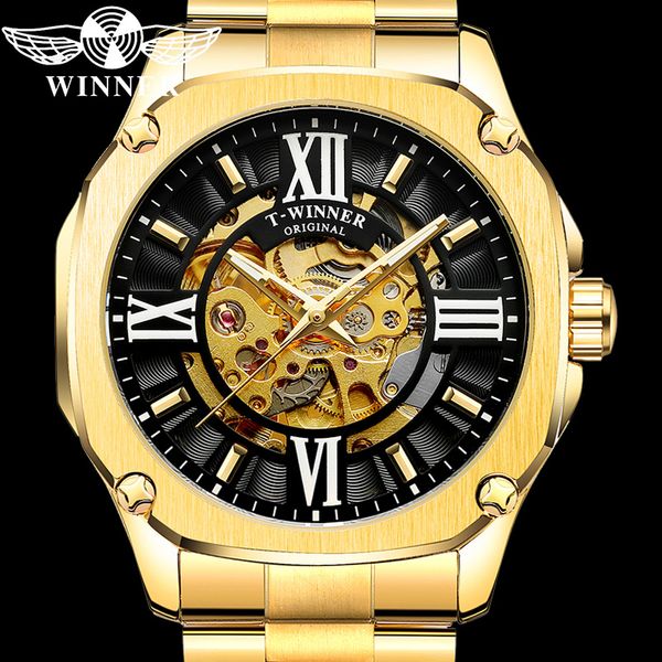 

winner automatic mechanical men wristwatch army sport male clock gold skeleton fashion man watch 8184, Slivery;brown