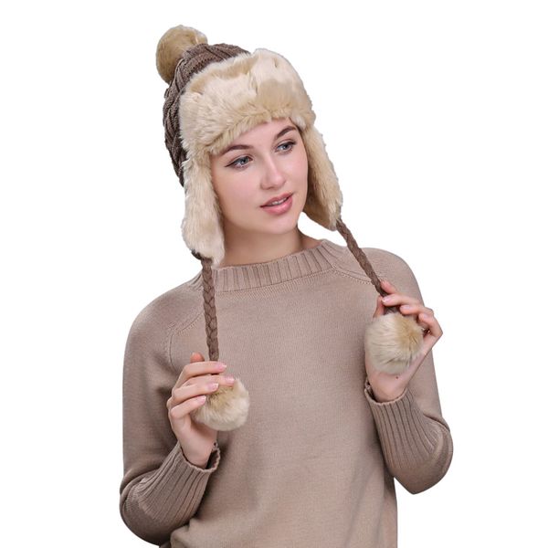 

winter hat 2018 warm women winter hat with ear flaps snow ski thick knit wool beanie cap dropship &lt;=487g##, Blue;gray