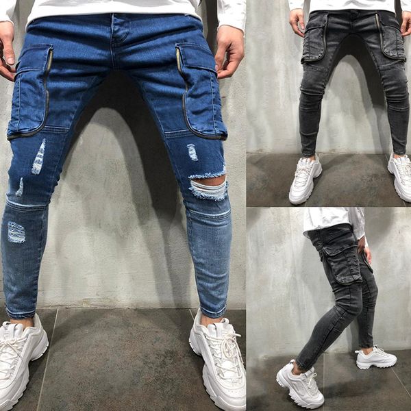 

fashionable pants men's bag washed ripped jeans streetwear trousers man, Blue
