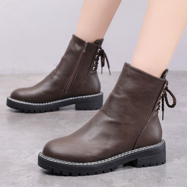 

fashion women's leather boots square heels keep warm platform boots solid side zip snow round toe ankle for women, Black