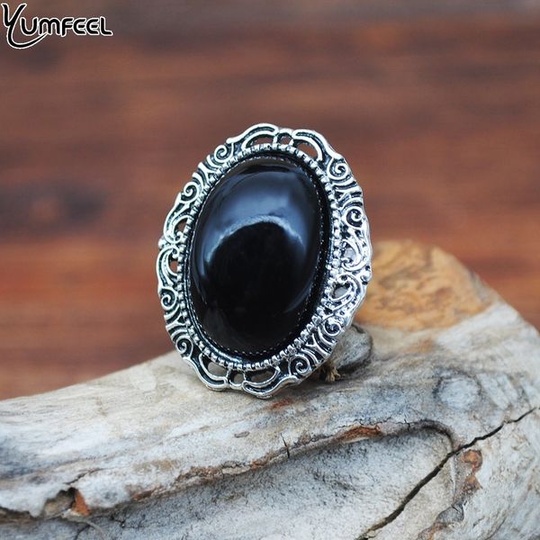 

yumfeel antique silver color black stone rings metal black resin adjustable women rings jewelry, Golden;silver