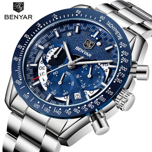 

benyar new mens watches stainless steel blue quartz watch men fashion sport chronograph clock relogio masculino, Slivery;brown