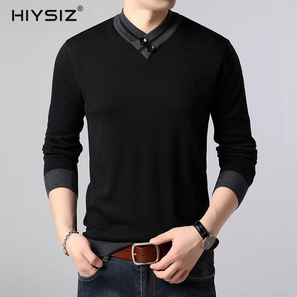 

hiysiz v-образный вырез с длинным рукавом свитер мужчина 2019 две кнопки украшение осень зима вскользь streetwear мода стиль пуловер sw040, White;black
