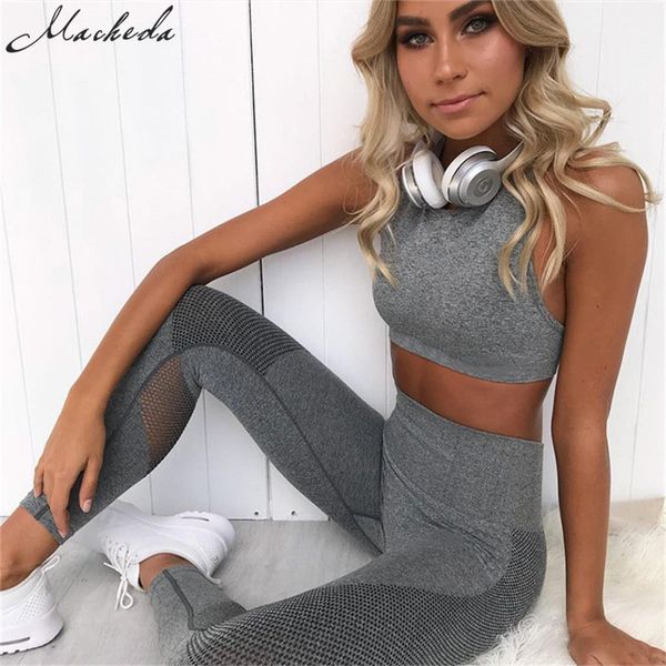 

македа женщины спортивные костюмы повседневный sexy тонкий фитнес бретели crop top и высокая талия спортивные сетки pant тренировки костюм с, Gray