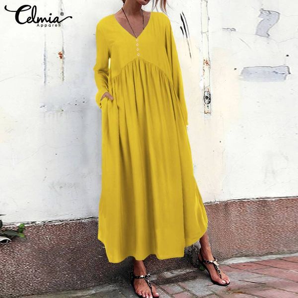 

celmia plus size women ruffles dresses 2019 autumn high waist v-neck casual loose party dress long maxi vestidos robe oversized, Black;gray