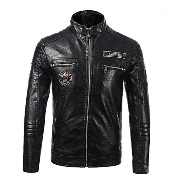 

plus velvet leather jacket stand clooar long sleeve zipper pocket fashion faux leather mens motorcycle suit, Black
