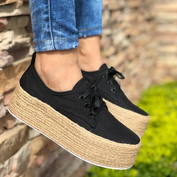 

lasperal fashion women ladies espadrille shoes canvas thick bottom flats girls lace up round toe casual breathable flats c011, Black