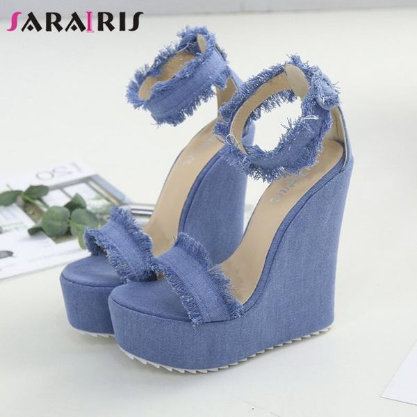 

sarairis sweet shallow denim sandals women elegant summer platform sandals ladies summer fashion extrem high wedges shoes, Black