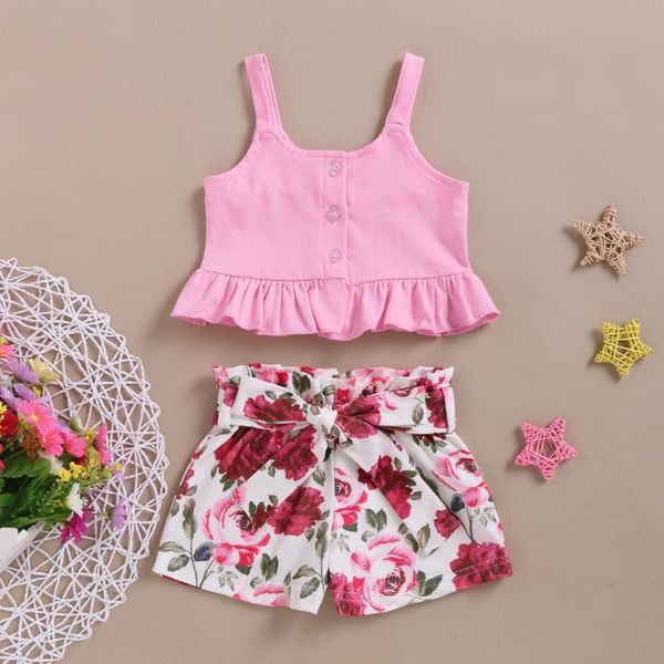 

2020 baby girls summer clother set toddler baby girls sleeveless ruffle solid vest +floral print shorts outfits ropa nina, White