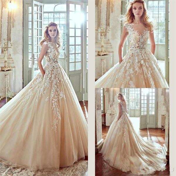 

custom made vintage wedding dress 2020 new scoop sleeveless appliques lace with flower bridal champagne wedding gowns, White