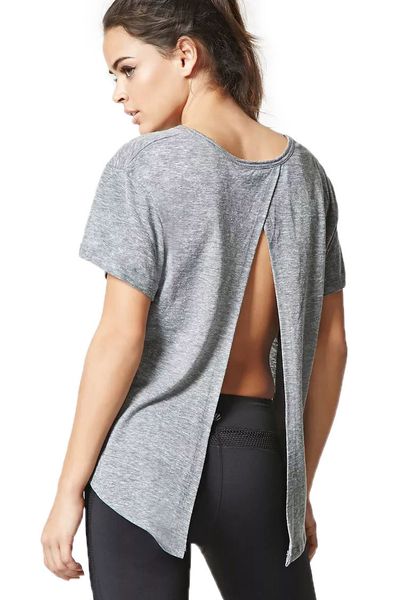 

2020 spring european and american women's loose round neck solid color t-shirt women's backless short sleeve top