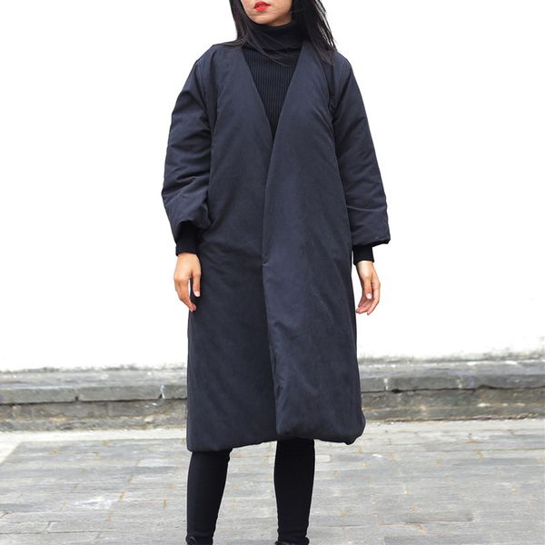 

qpfjqd women chinese style parkas solid color long sleeve ladies new 2019 fall winter v-neck loose women vintage parkas clothes, Black