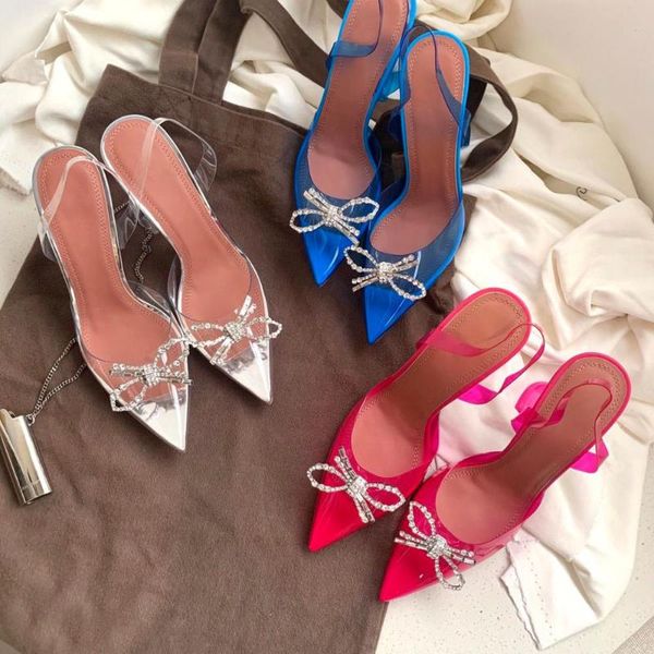 

women pumps butterfly-knot shoes woman pointed toe genuine leather transparent pvc crystal shoes slip-on high slingbacks, Black