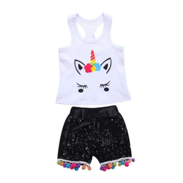 

new 0-24m unicorn newborn baby sets girls cartoon printed sleeveless shirt vest short sequins tassel pants set costume, White