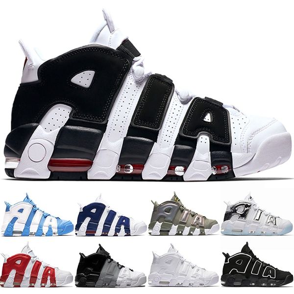 

air more uptempo men women basketball shoes pippen varsity red triple white black unc iridescent chrome blue trainer athletic sport sneaker, White;red