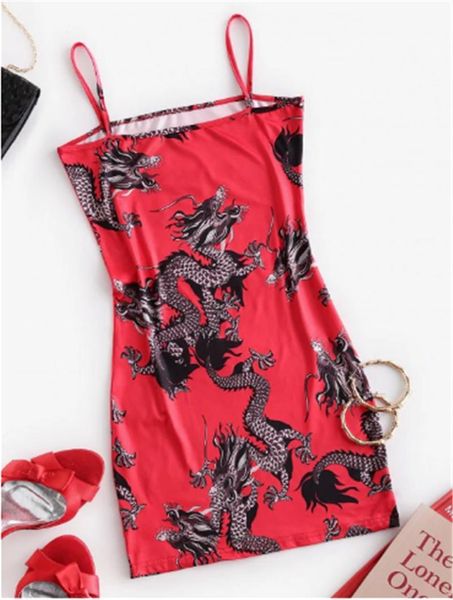 

vestidos women ladies bodycon sleeveless evening party club dragon print oriental cami mini dress 2020, Black;gray