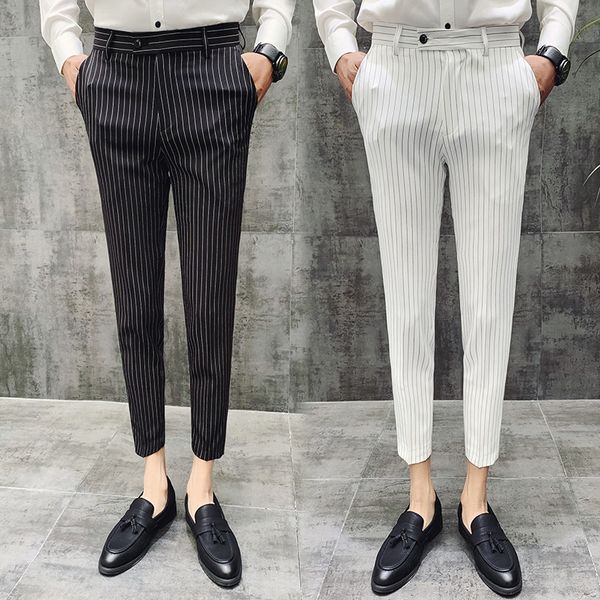 

2019 new men's designer cotton fashions stripe formal wedding dress suit pants man stripe business casual pants trousers 29-35, White;black