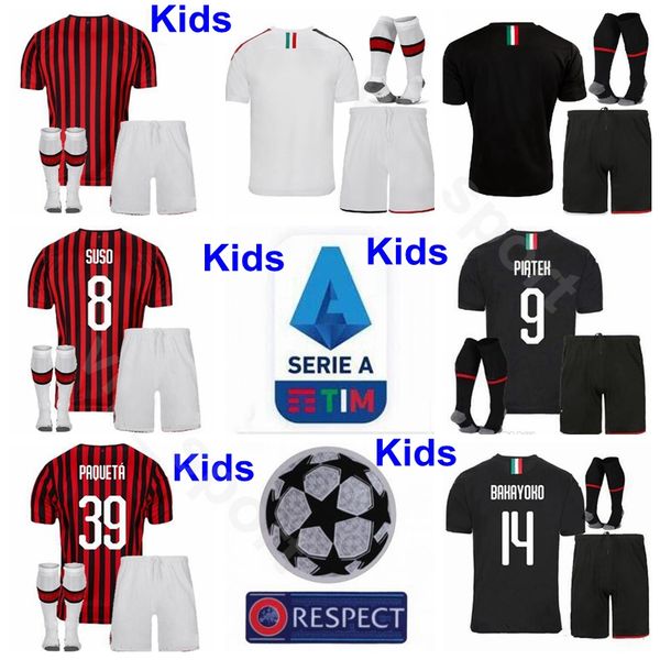 

youth suso jersey socks set 2019 2020 kids soccer piatek paqueta kessie calhanoglu cutrone theo romagnoli rodriguez football shirt kits, Black